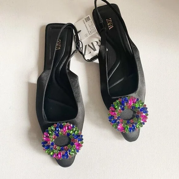 Zara Colourful  Rhiniestone Detail Balck Satin Flats 37 - Picture 2 of 6